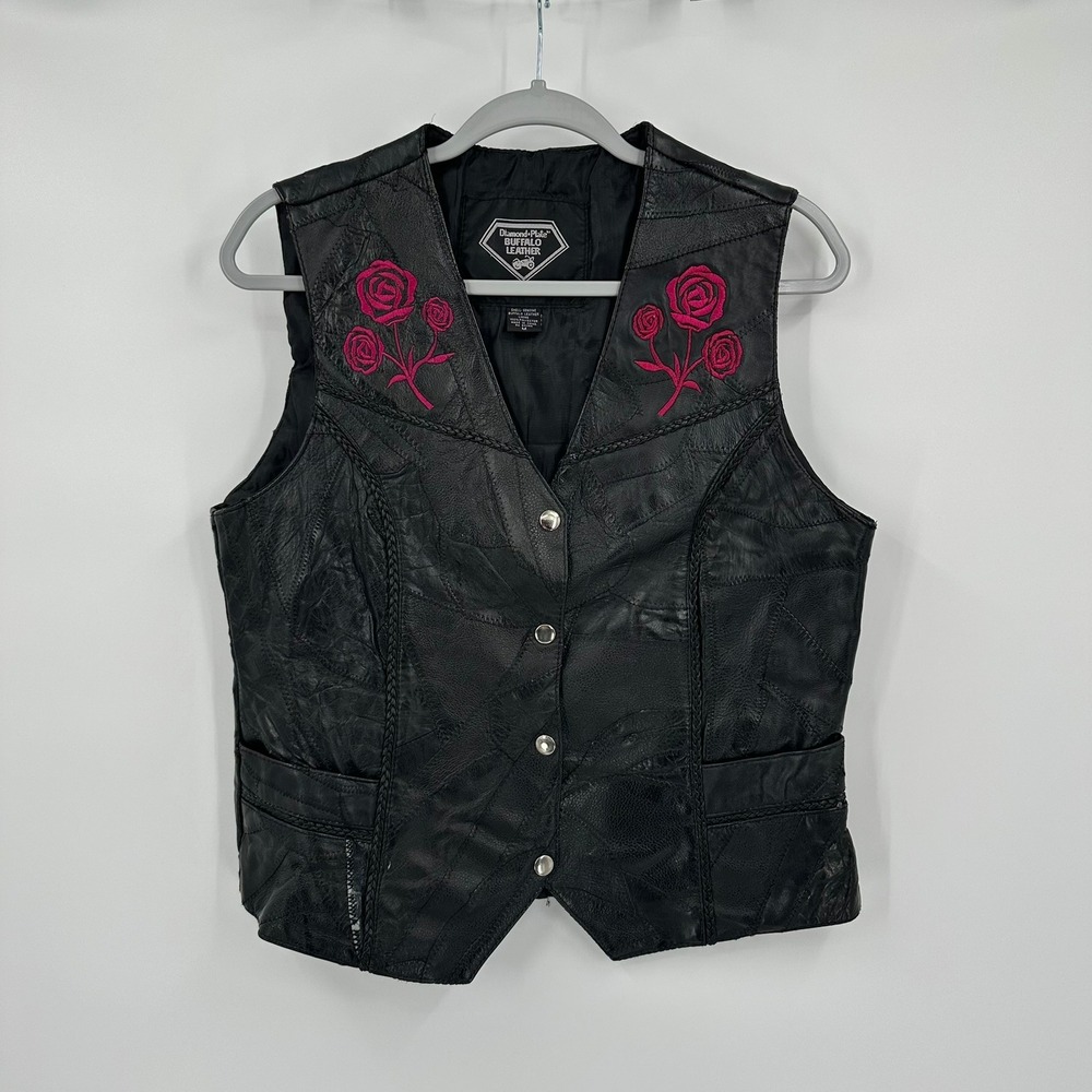 Diamond Plate Womens Buffalo Leather Patchwork Rose Embroidered Biker Vest Sz M